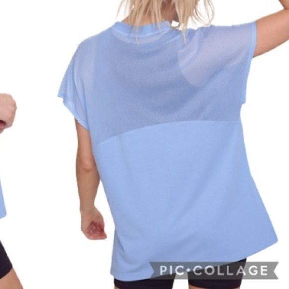 Mono B Tops - Mono B Sky Blue mesh back, hi-low split side top